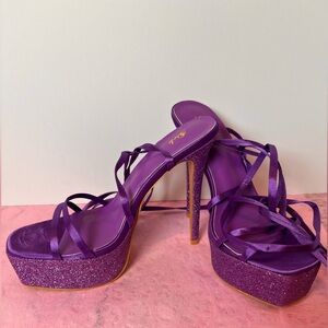 Purple Satin High Heels Elegant Strappy Rhinestone Platform Sandals